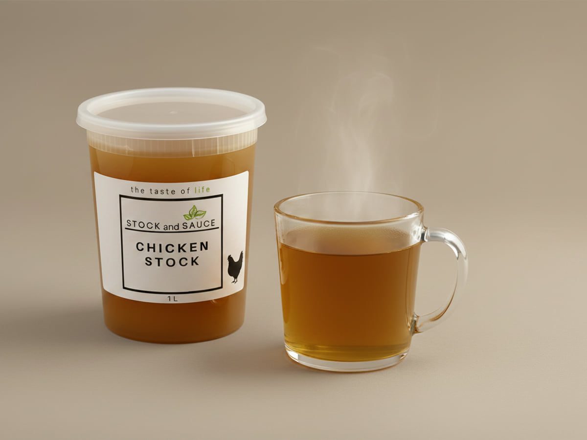 Tub of Stock & Sauce Chicken Stock beside a glass mug of the hot golden stock