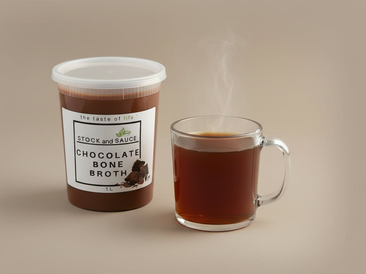 Stock & Sauce Chocolate Bone Broth in a 1 L tub