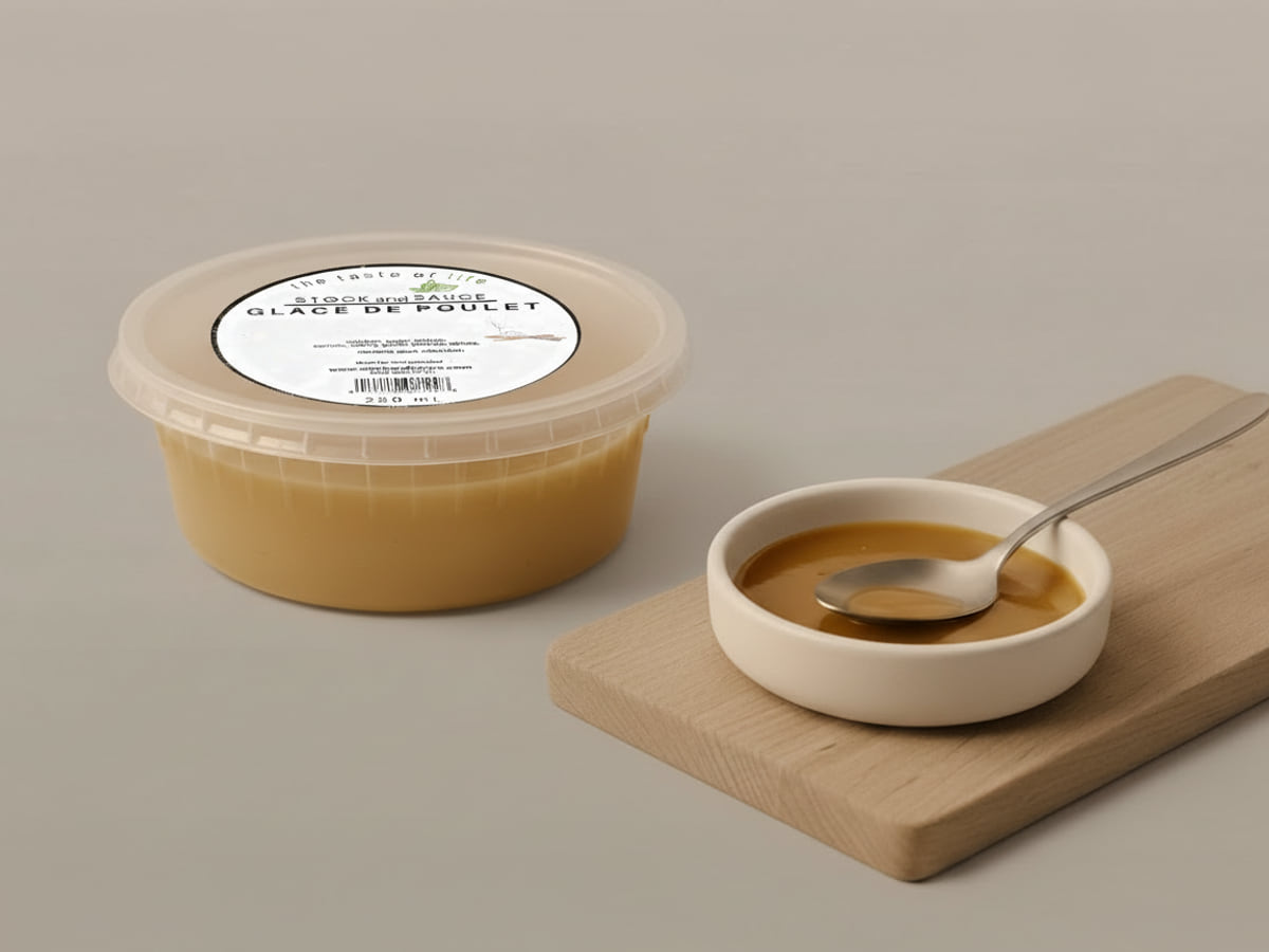 Tub of Stock & Sauce Glace de Poulet beside a dish of glossy finished pan sauce with a spoon