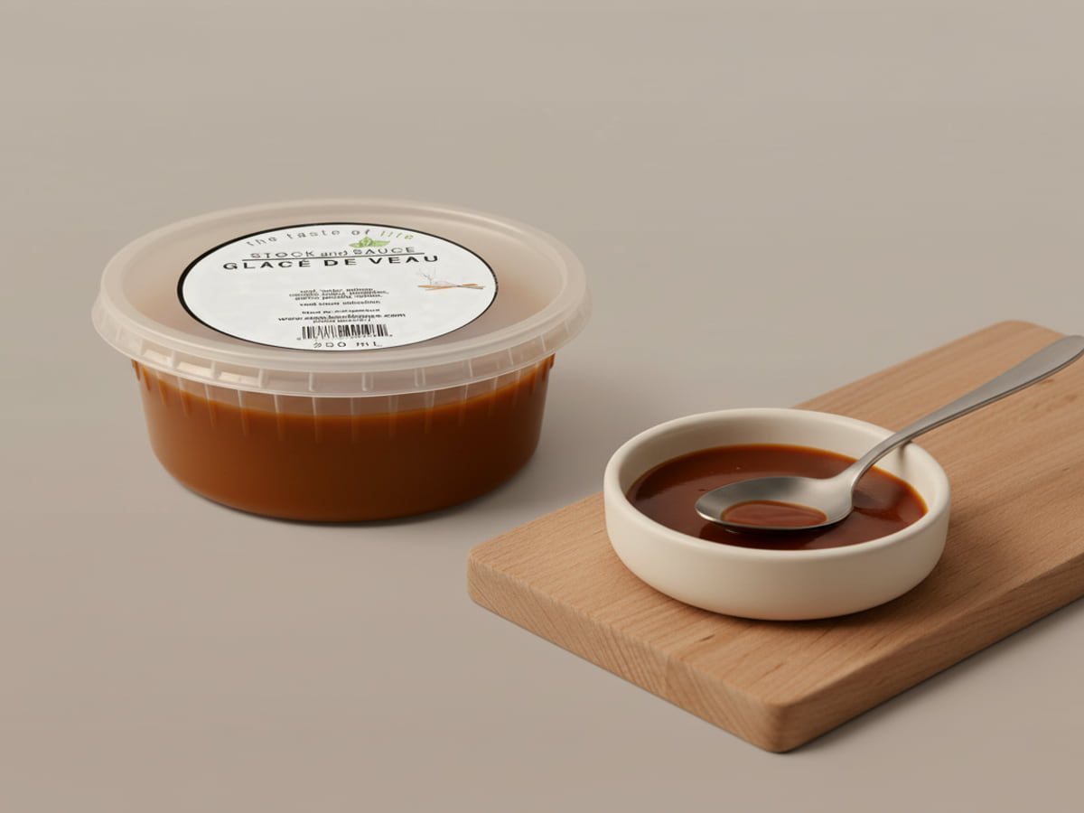 Tub of Stock & Sauce Glace de Veau beside a dish of glossy finished pan sauce with a spoon