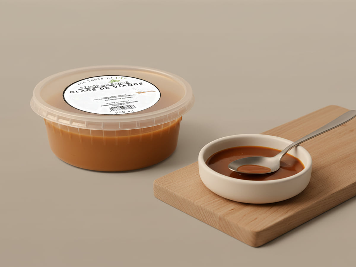 Tub of Stock & Sauce Glace de Viande beside a dish of glossy finished pan sauce with a spoon