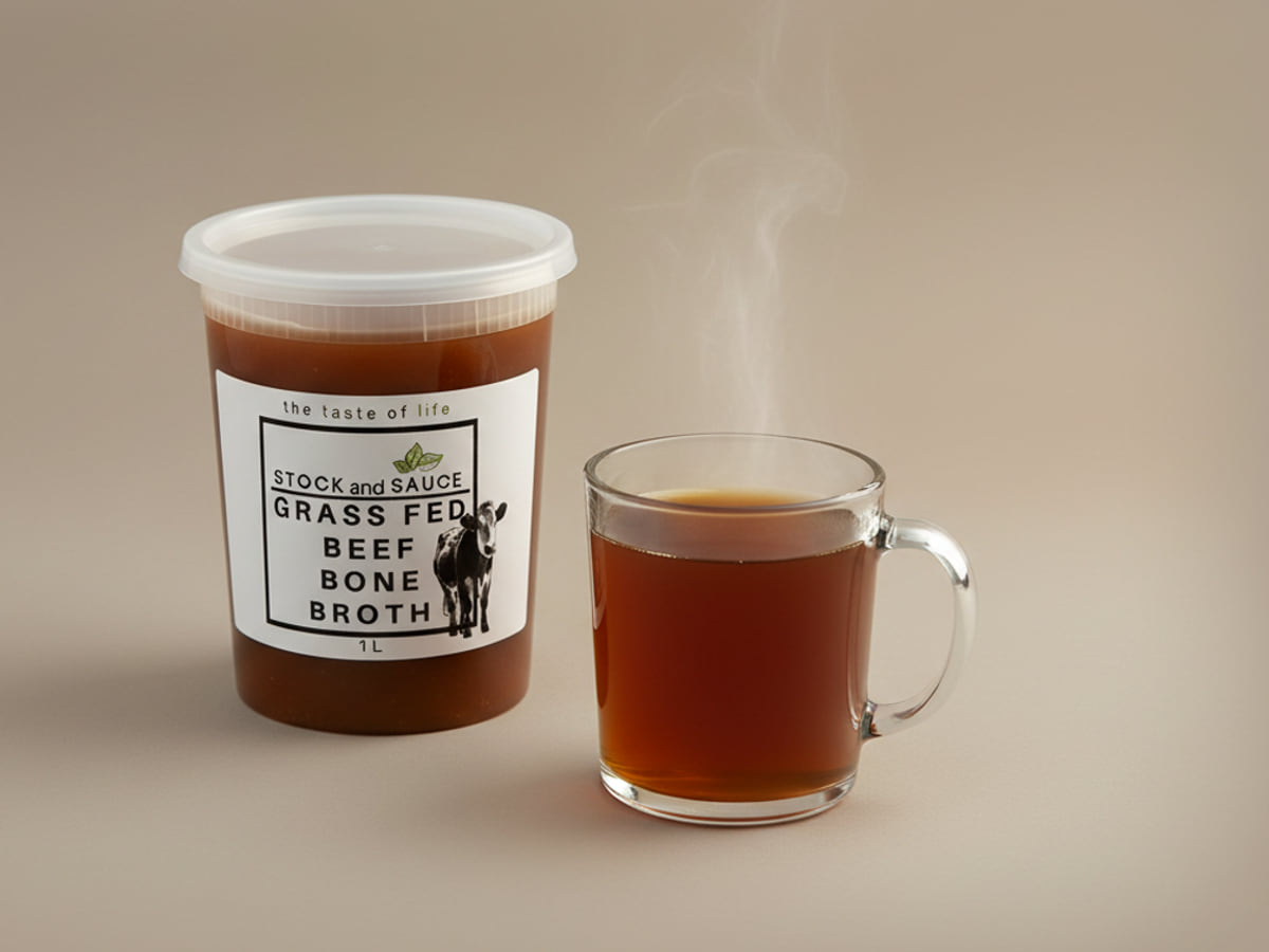 Stock & Sauce Grass Fed Beef Bone Broth in a 1 L tub