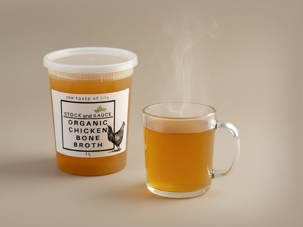 Stock & Sauce Organic Chicken Bone Broth in a 1 L tub