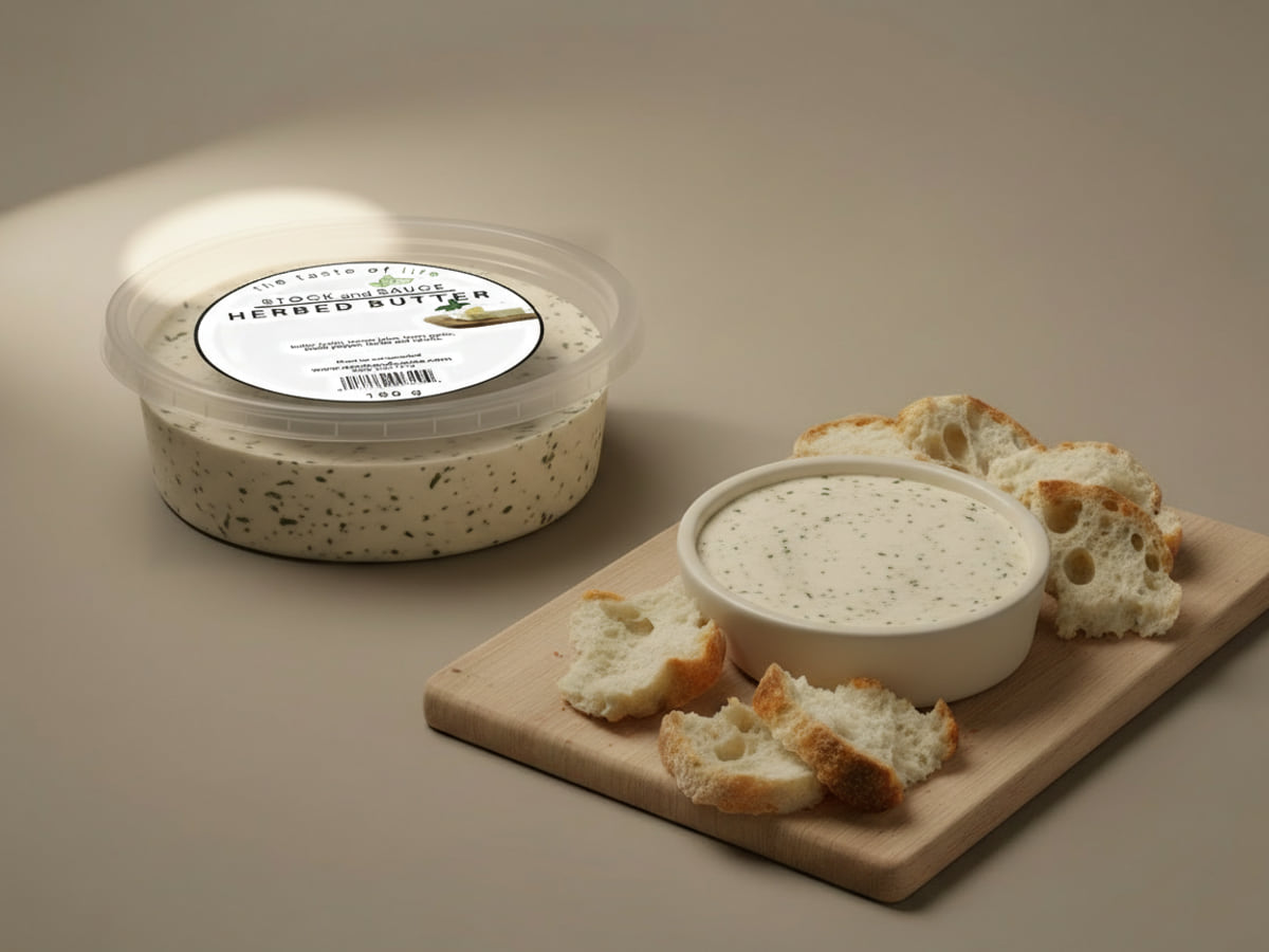 Tub of Stock & Sauce Herbed Butter, lid labelled