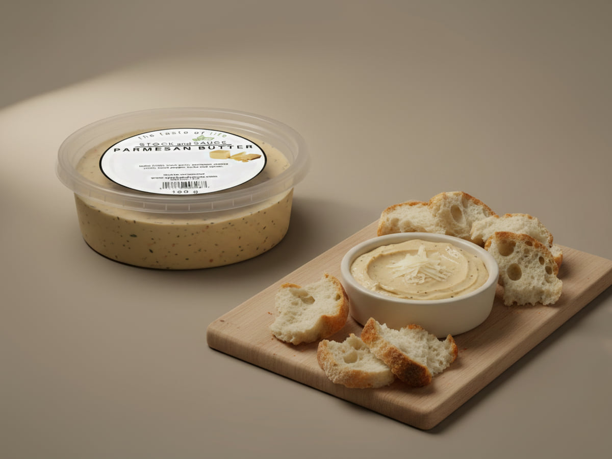 Tub of Stock & Sauce Parmesan Butter, lid labelled