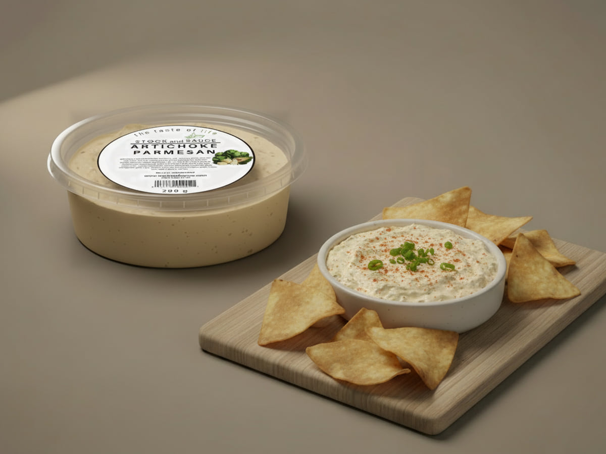 Tub of Stock & Sauce Artichoke Parmesan dip, lid labelled