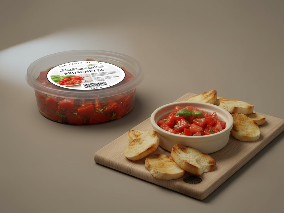 Bruschetta spooned onto toasted crostini, with vine tomatoes and garlic alongside