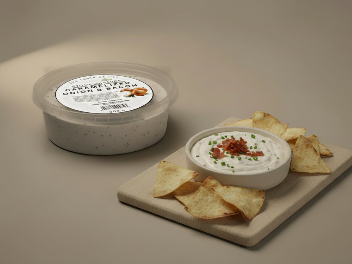 Tub of Stock & Sauce Caramelized Onion & Bacon dip, lid labelled