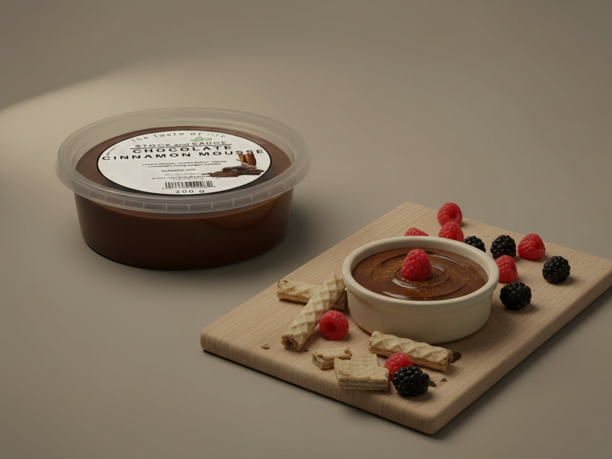 Tub of Stock & Sauce Chocolate Cinnamon Mousse, lid labelled