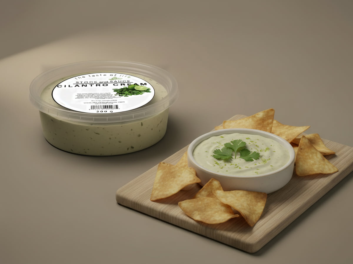 Tub of Stock & Sauce Cilantro Cream dip, lid labelled