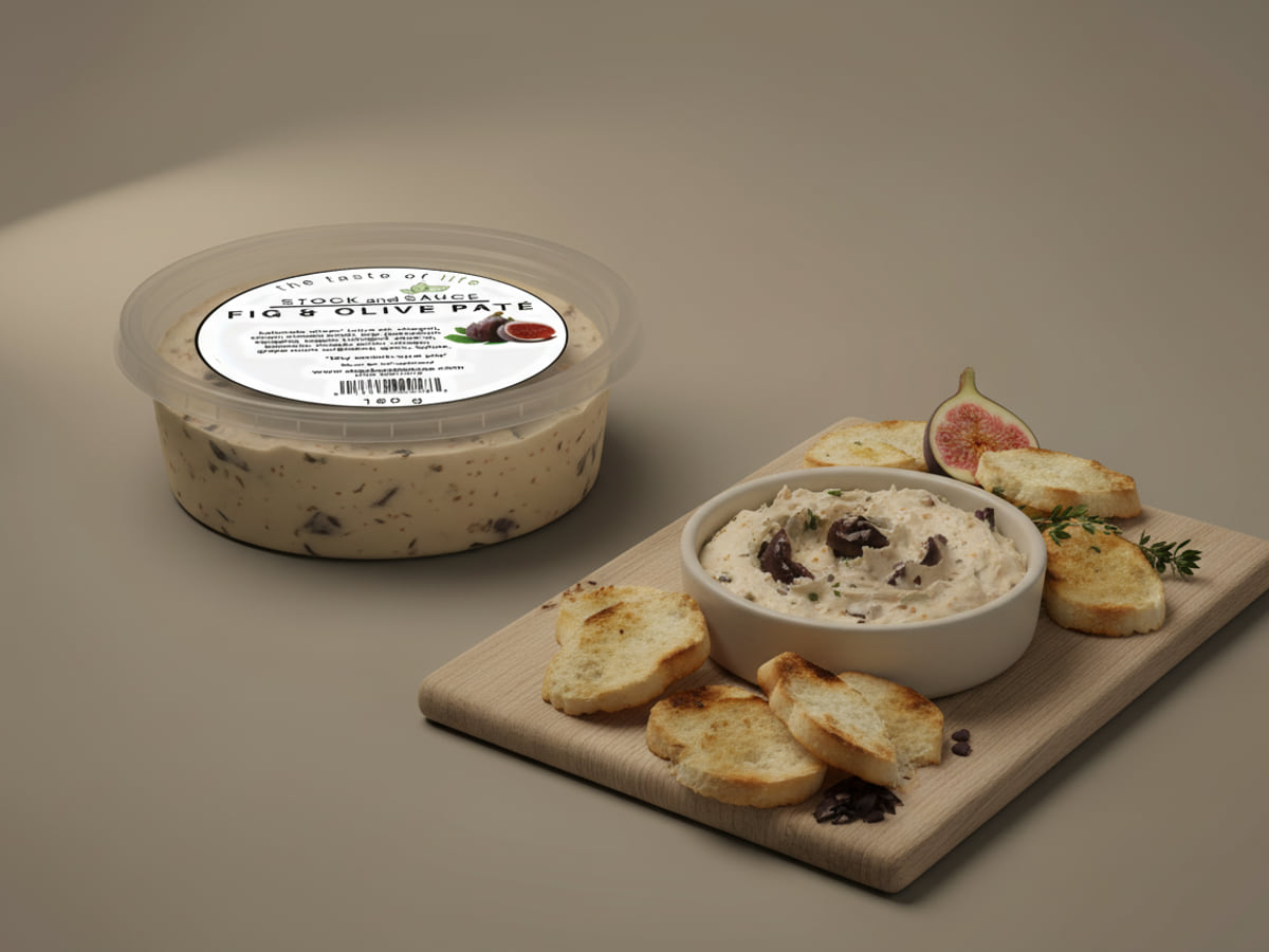 Tub of Stock & Sauce Fig & Olive Pâté, lid labelled