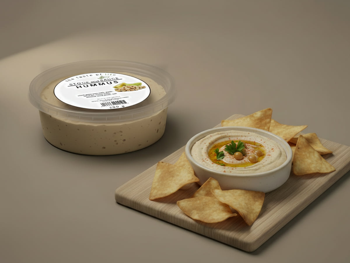 Tub of Stock & Sauce Hummus, lid labelled