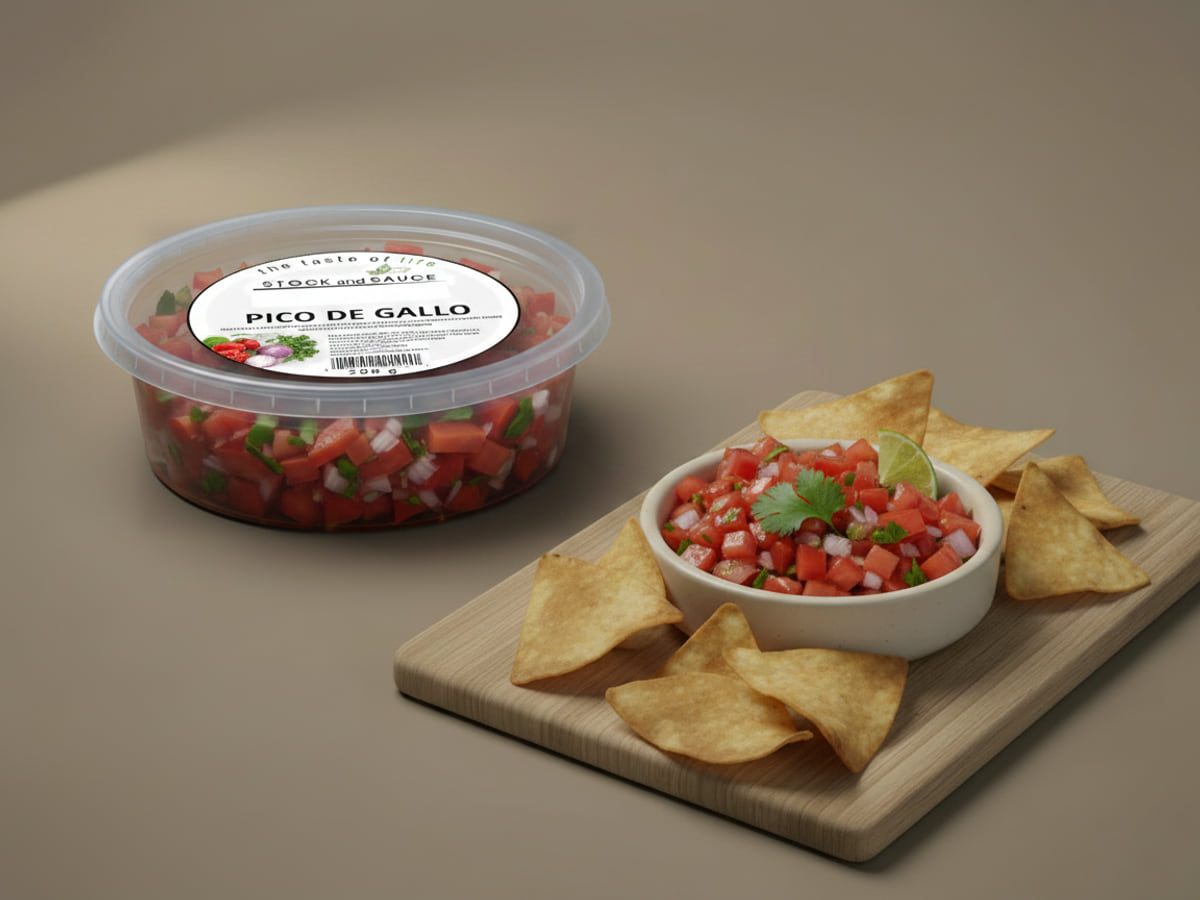 Tub of Stock & Sauce Pico de Gallo beside a bowl of it with tortilla chips and a wedge of lime