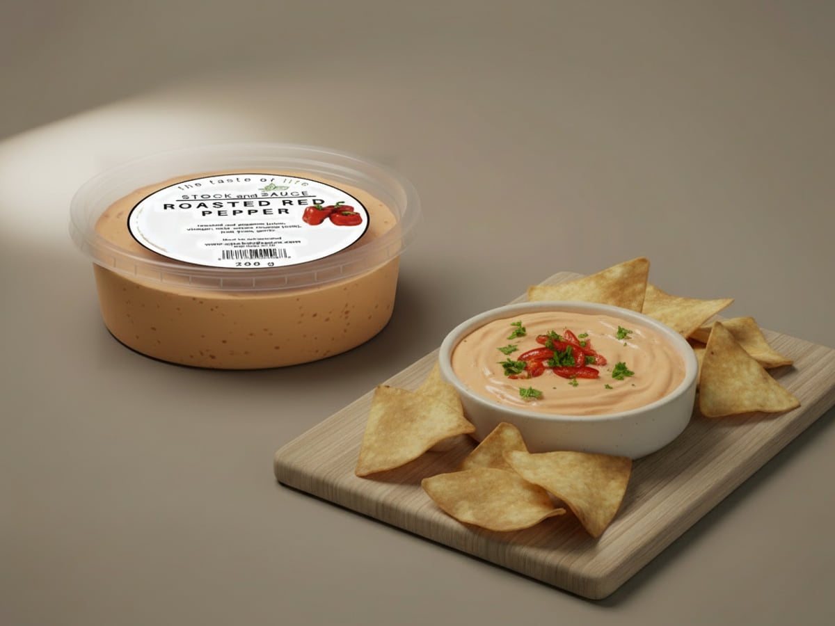 Tub of Stock & Sauce Roasted Red Pepper dip, lid labelled