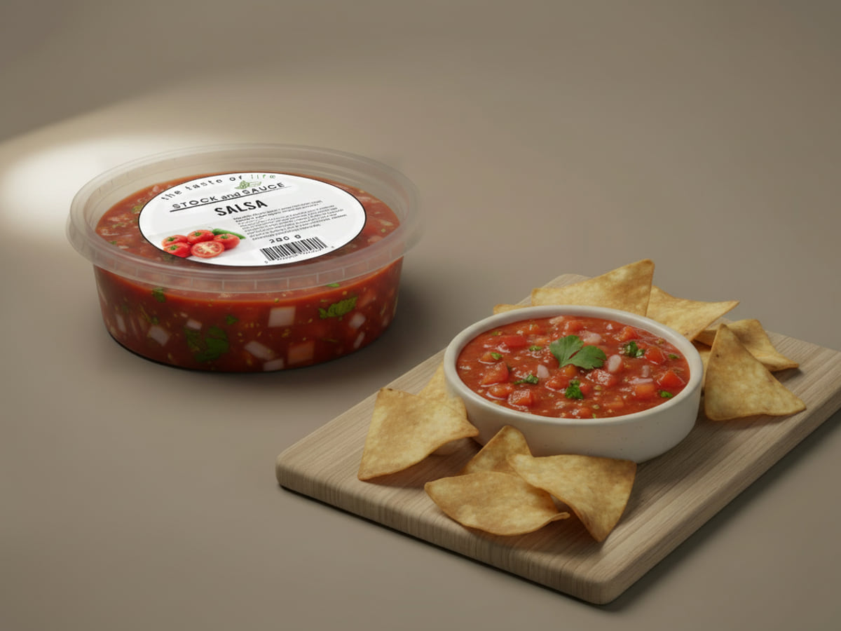 Tub of Stock & Sauce Salsa beside a bowl of it with tortilla chips