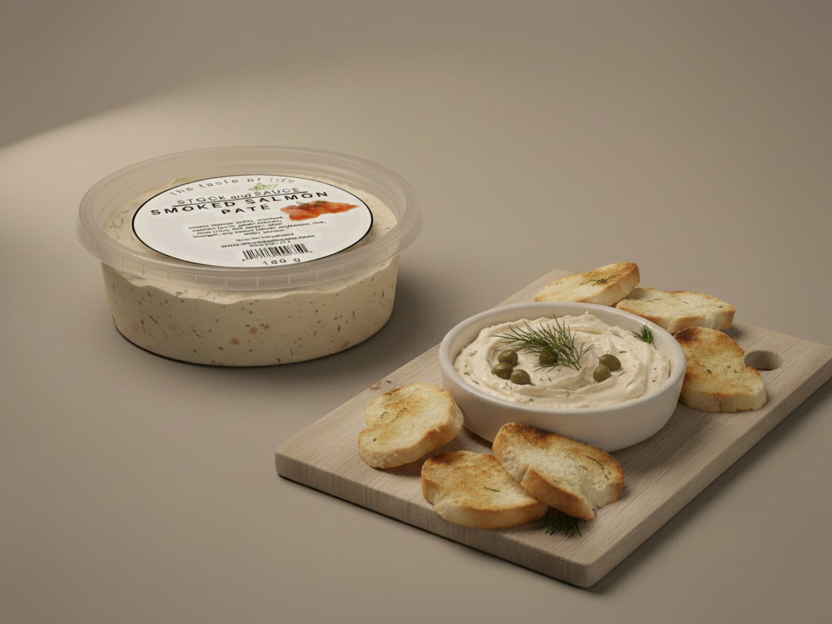 Tub of Stock & Sauce Smoked Salmon Pâté, lid labelled