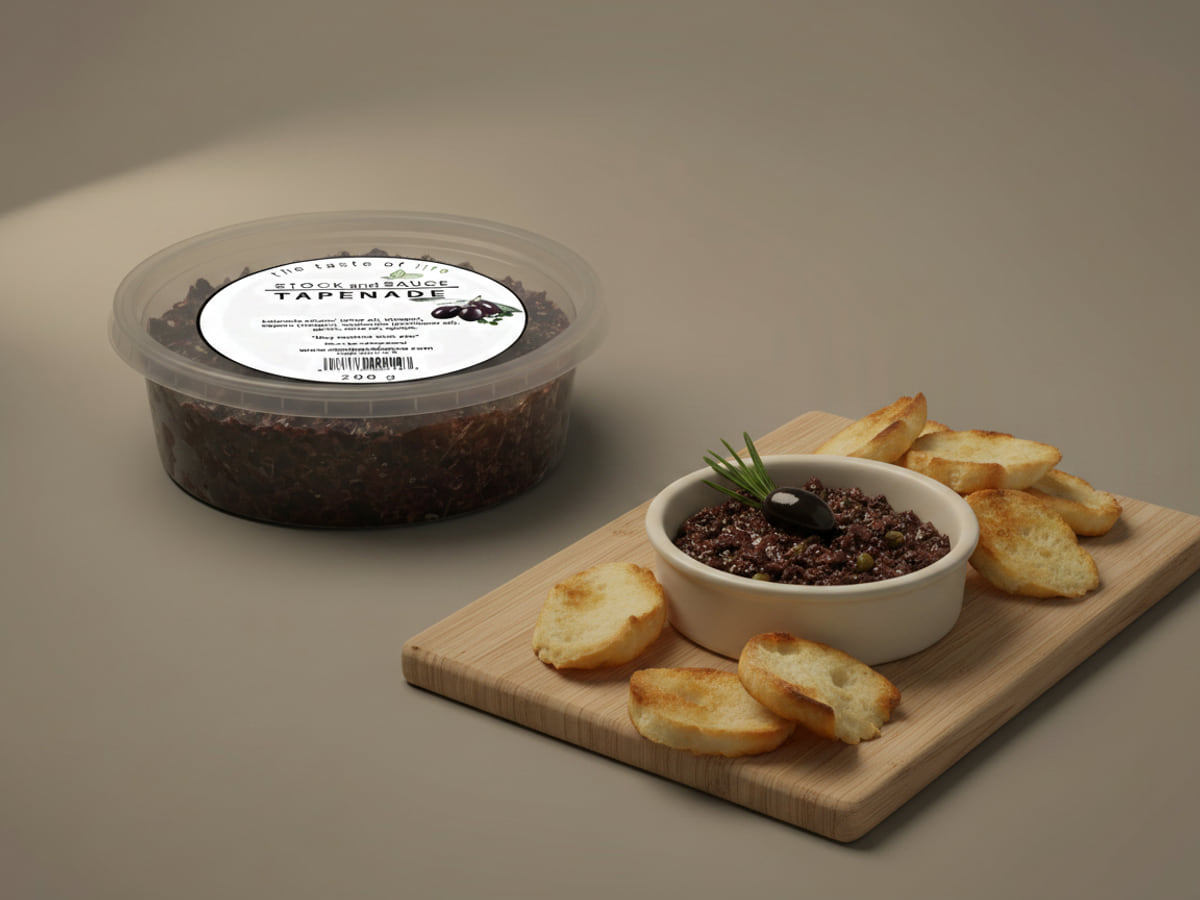 Tub of Stock & Sauce Tapenade, lid labelled