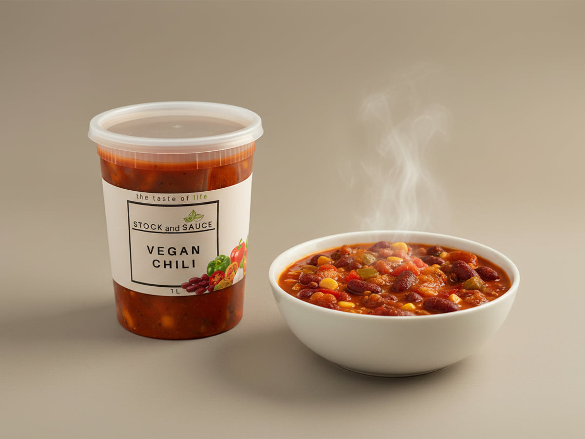 Tub of Stock & Sauce Vegan Chili beside a bowl of it, thick with beans, sweetcorn and peppers