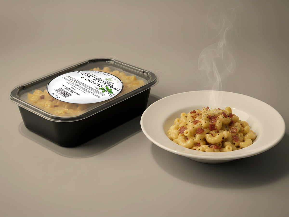 Stock & Sauce Bacon, Macaroni & Cheese tray, lid labelled