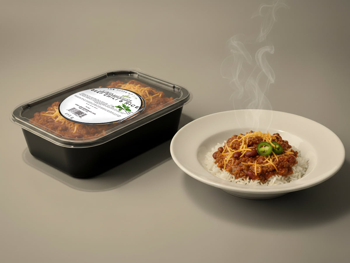 Stock & Sauce Beef Chili & Rice tray, lid labelled