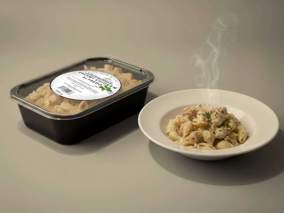 Stock & Sauce Creamy Chicken Alfredo tray, lid labelled