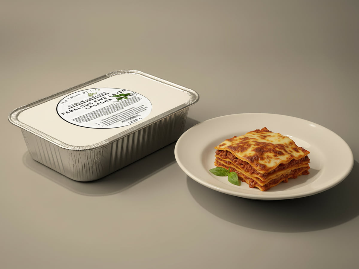 Family foil tray of Stock & Sauce Fabalous 5 Layer Lasagna beside a plated slice showing its five layers