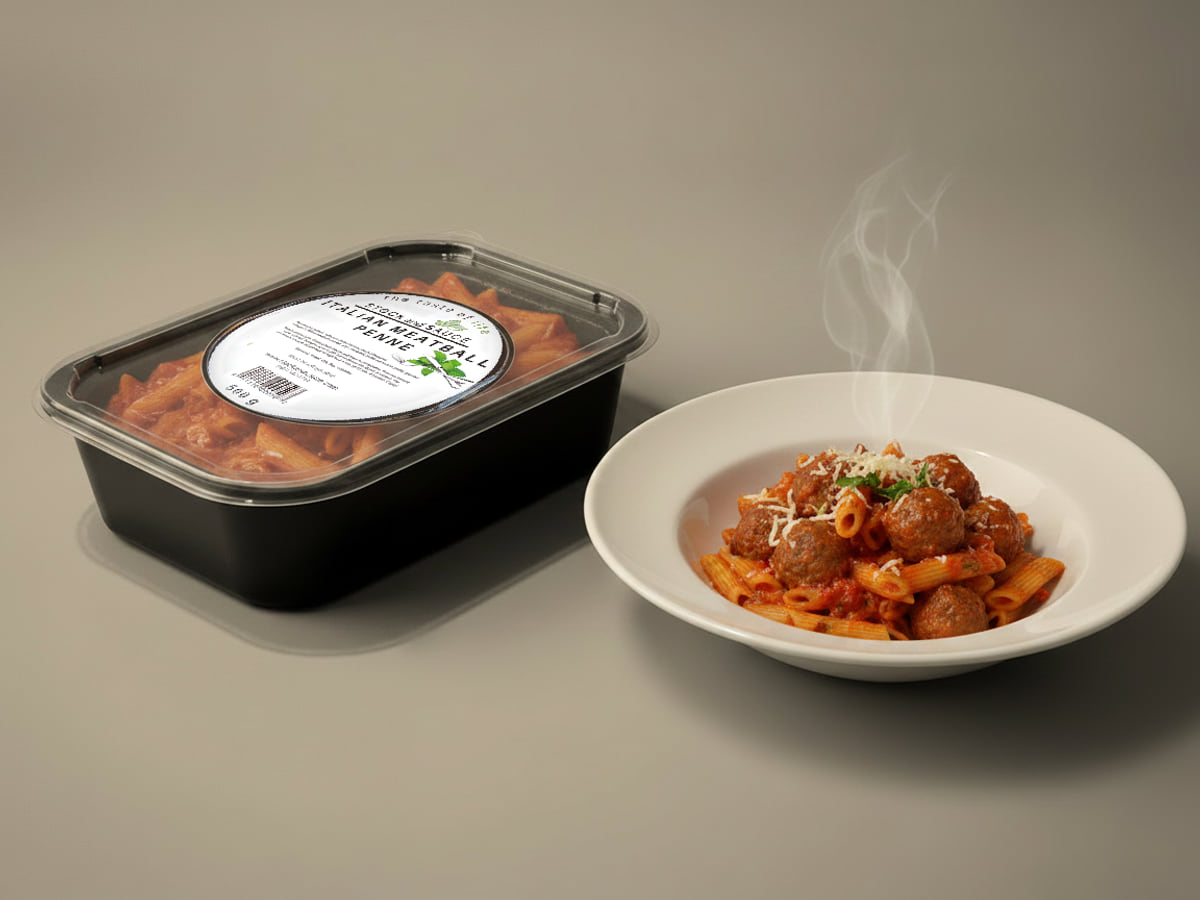Stock & Sauce Italian Meatball Penne tray, lid labelled