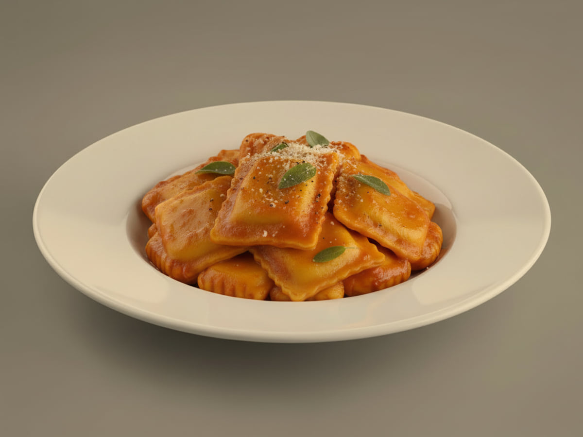 Wide white bowl of butternut squash ravioli coated in a rich Italian tomato sauce, the golden squash filling showing through the pasta, with grated cheese and sage