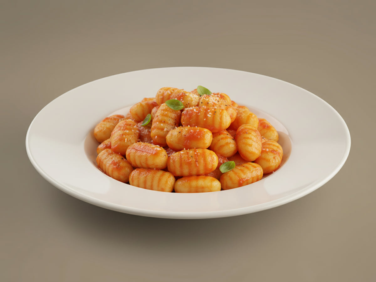 Wide white bowl of cooked potato gnocchi coated in a rich red-orange Italian tomato sauce, scattered with grated cheese, basil and cracked pepper