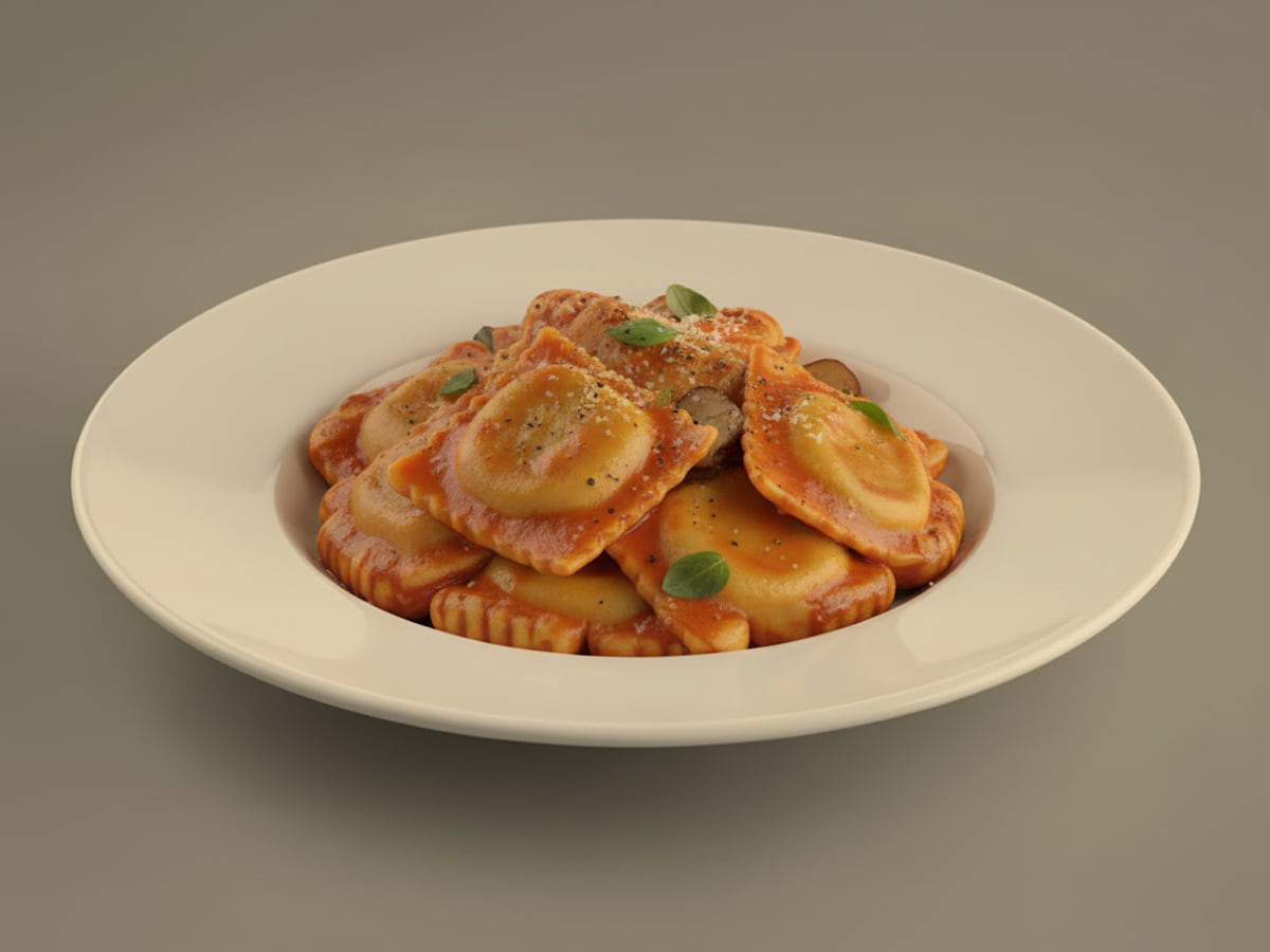 Wide white bowl of wild mushroom ravioli coated in a rich red-orange Italian tomato sauce, with sliced mushrooms, grated cheese and basil