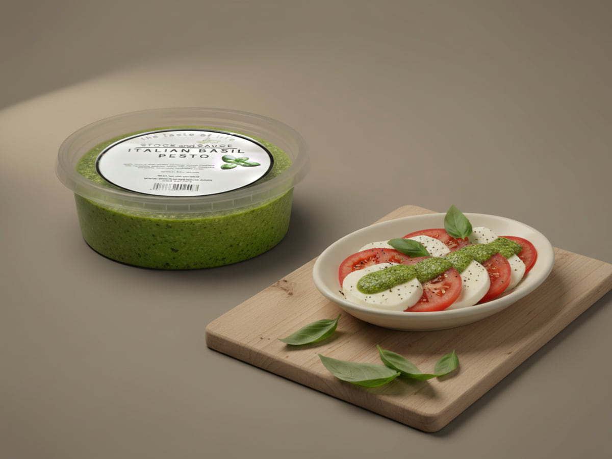 Tub of Stock & Sauce Italian Basil Pesto beside a caprese of tomato and mozzarella with the pesto spooned over it
