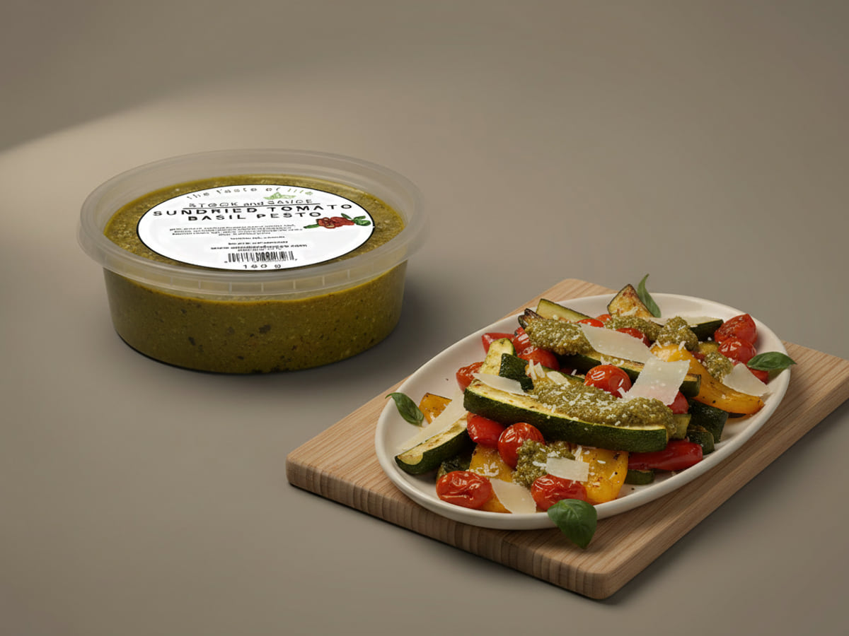 Sundried Tomato Basil Pesto tub beside a bowl of cold fusilli tossed through the pesto with cherry tomatoes and basil