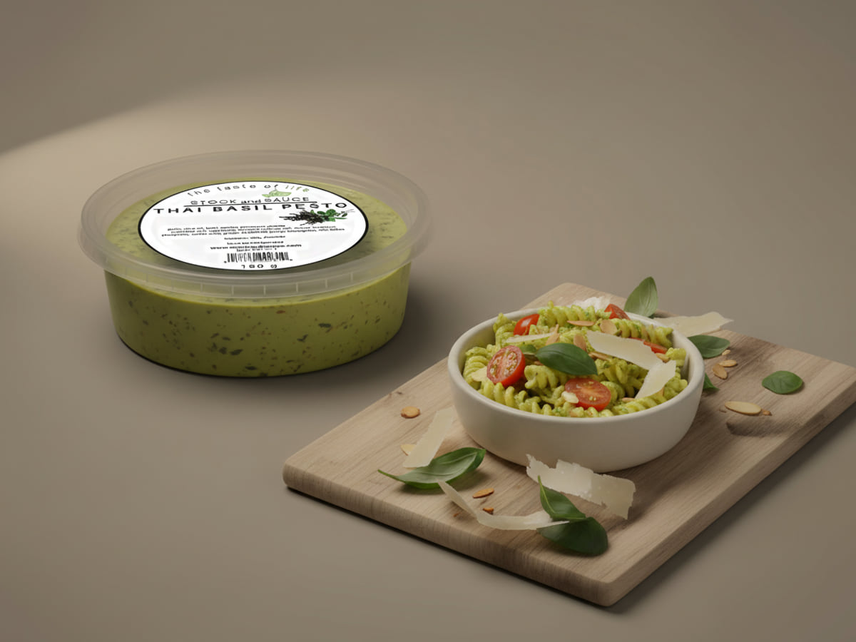 Thai Basil Pesto tub beside a bowl of cold fusilli tossed through the pesto with cherry tomatoes and basil