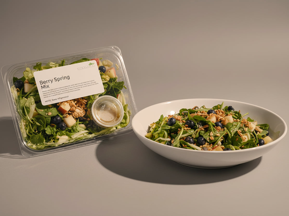Tray of Stock & Sauce Berry Spring Mix Salad beside a bowl of it tossed and served — blueberries, apple and spring greens