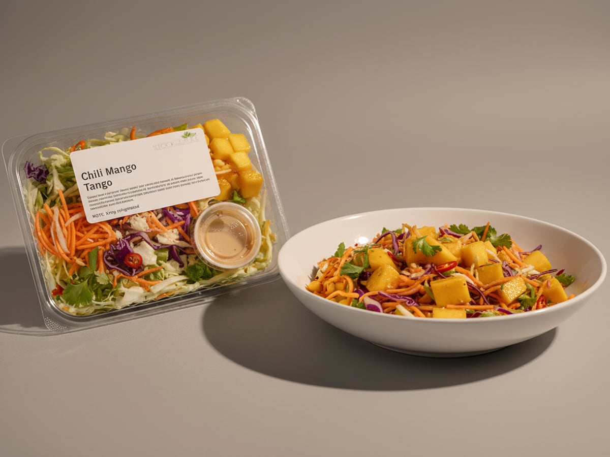 Tray of Stock & Sauce Chili Mango Tango Salad beside a bowl of it tossed and served — mango, shredded carrot and red cabbage
