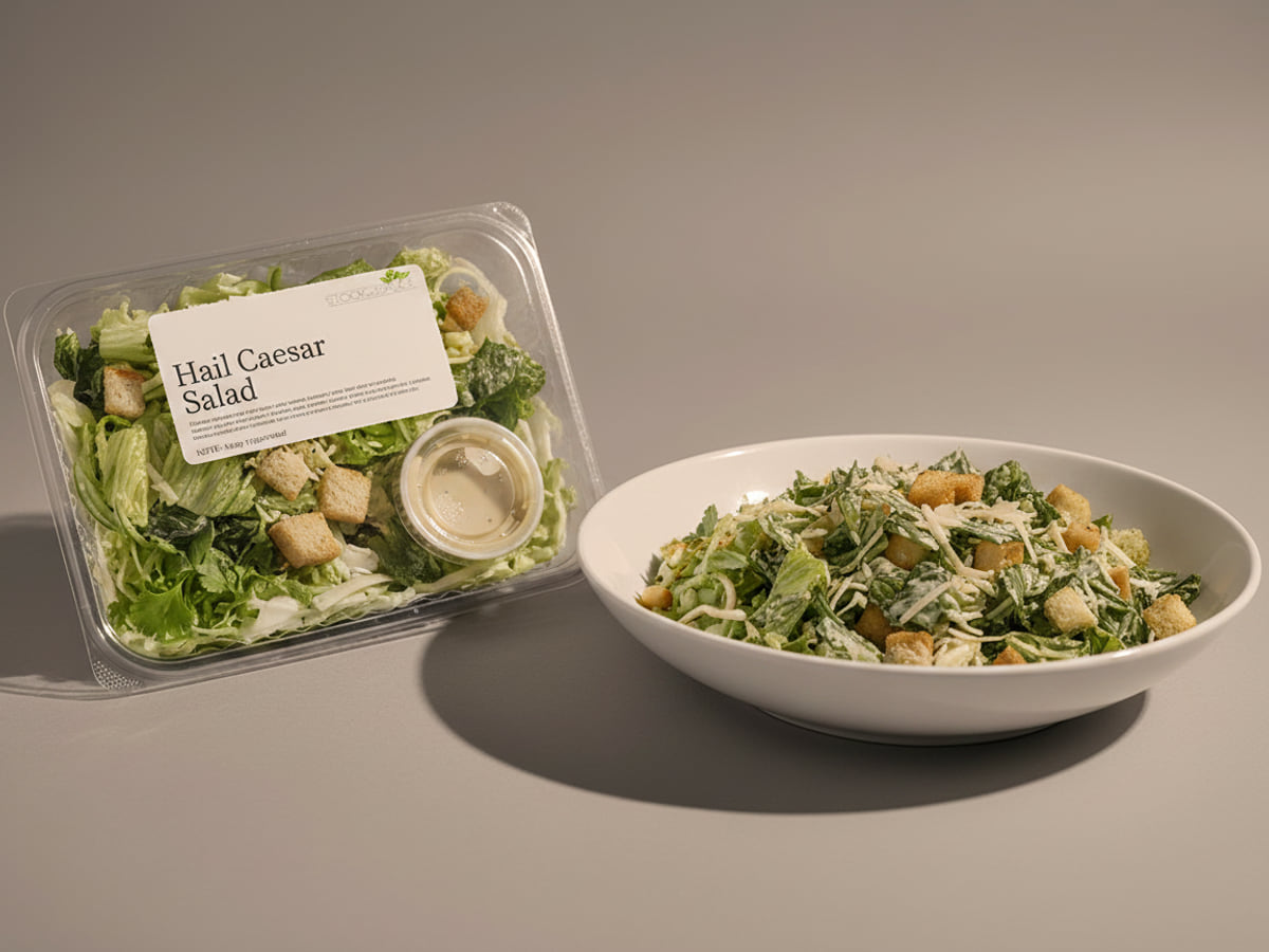 Tray of Stock & Sauce Hail Caesar Salad beside a bowl of it tossed and served — romaine, croutons and shaved parmesan