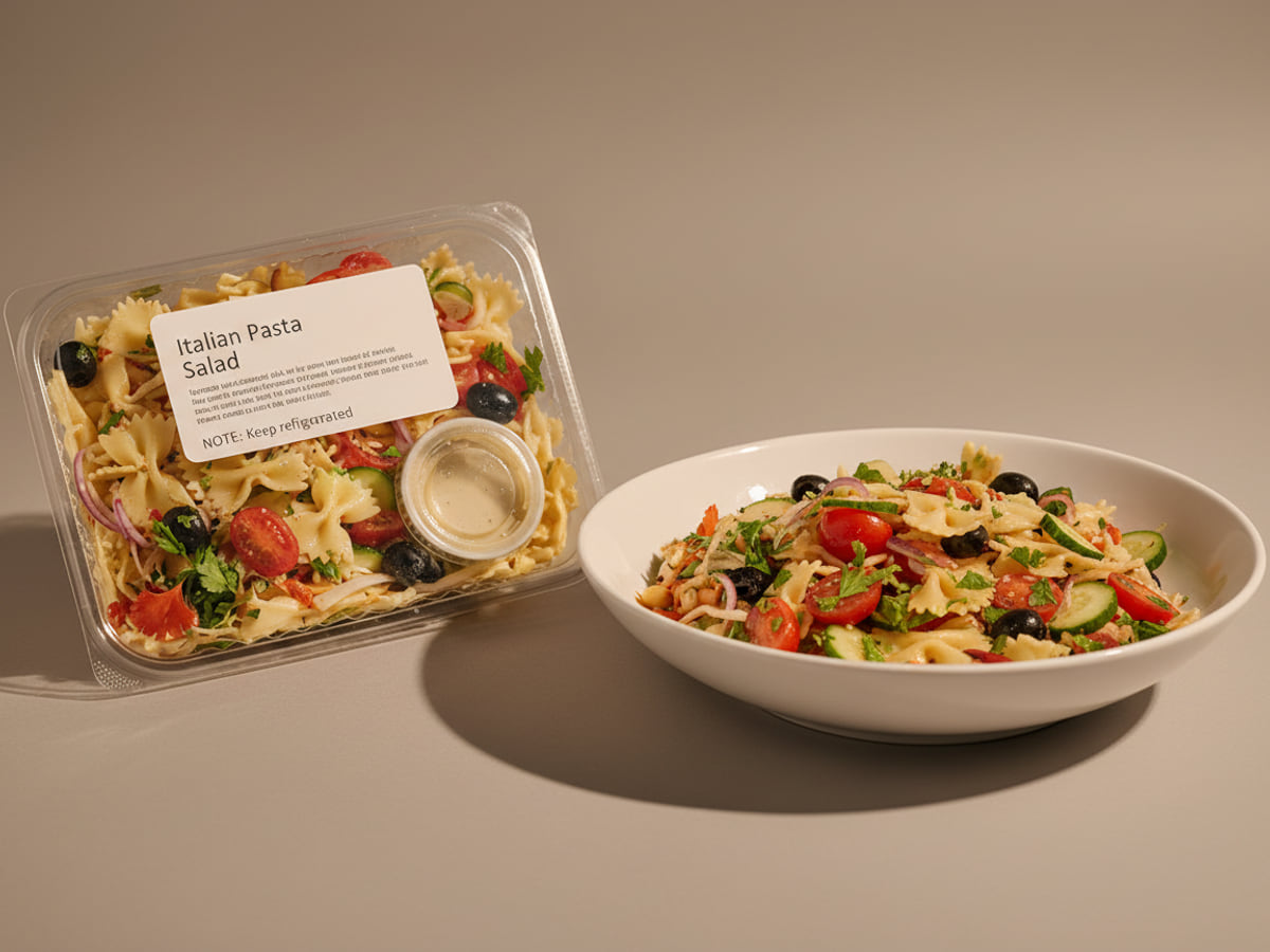 Tray of Stock & Sauce Italian Pasta Salad beside a bowl of it tossed and served — bow-tie pasta with tomato, cucumber and olives