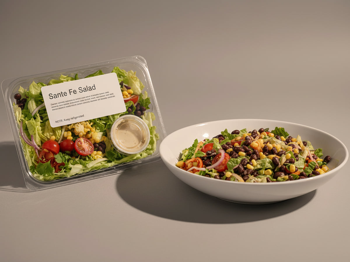 Tray of Stock & Sauce Santa Fe Salad beside a bowl of it tossed and served — romaine, tomato, black beans and corn