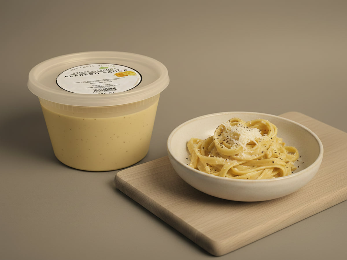 Tub of Stock & Sauce Alfredo Sauce beside a bowl of fettuccine tossed through it
