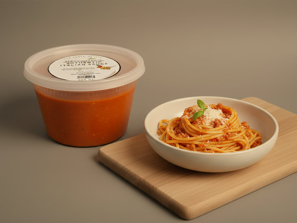 Tub of Stock & Sauce Authentic Italian Sauce beside a bowl of spaghetti turned through the sauce