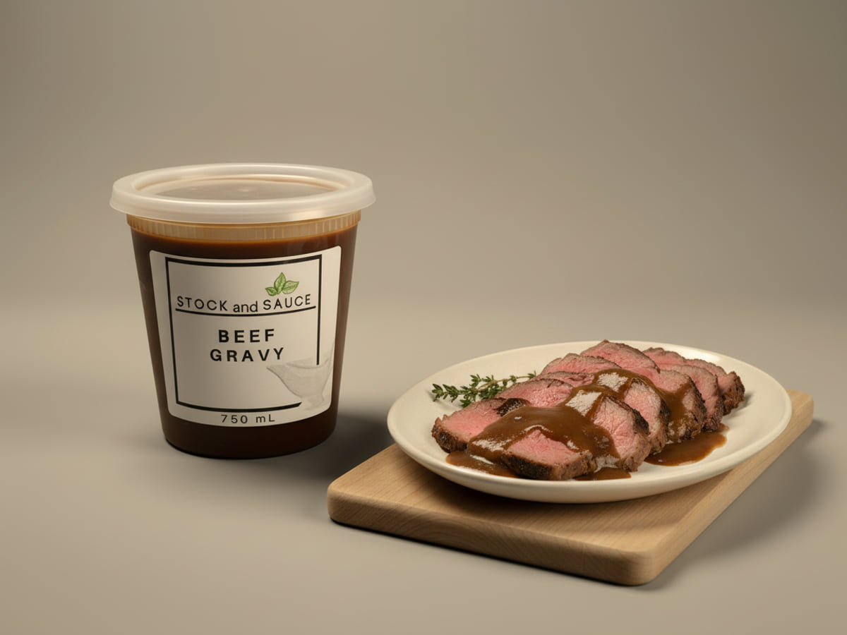 Tub of Stock & Sauce Beef Gravy beside a plate of sliced roast beef with the gravy poured over it