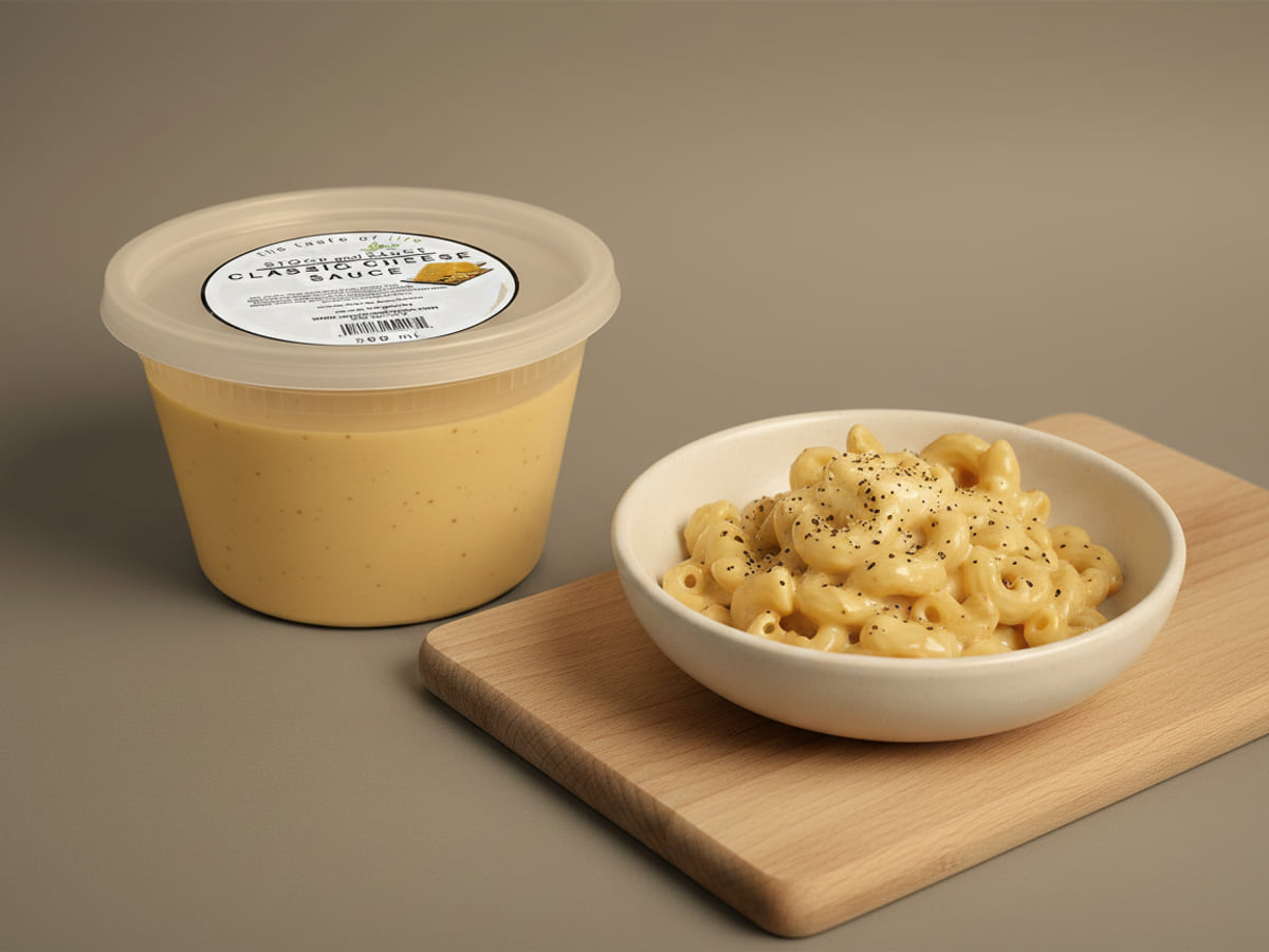 Tub of Stock & Sauce Classic Cheese Sauce beside a bowl of macaroni turned through the sauce