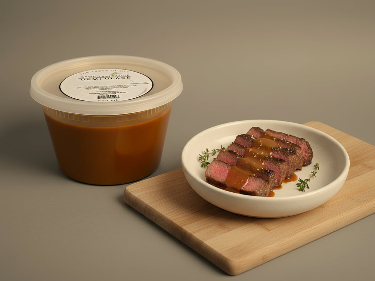 Tub of Stock & Sauce Demi Glacé beside sliced steak with the sauce spooned over