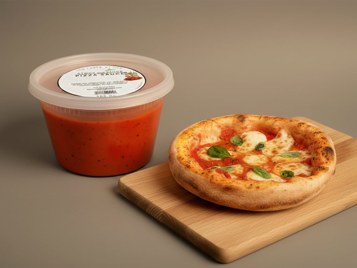 Tub of Stock & Sauce Pizza Sauce beside a small margherita pizza spread with it