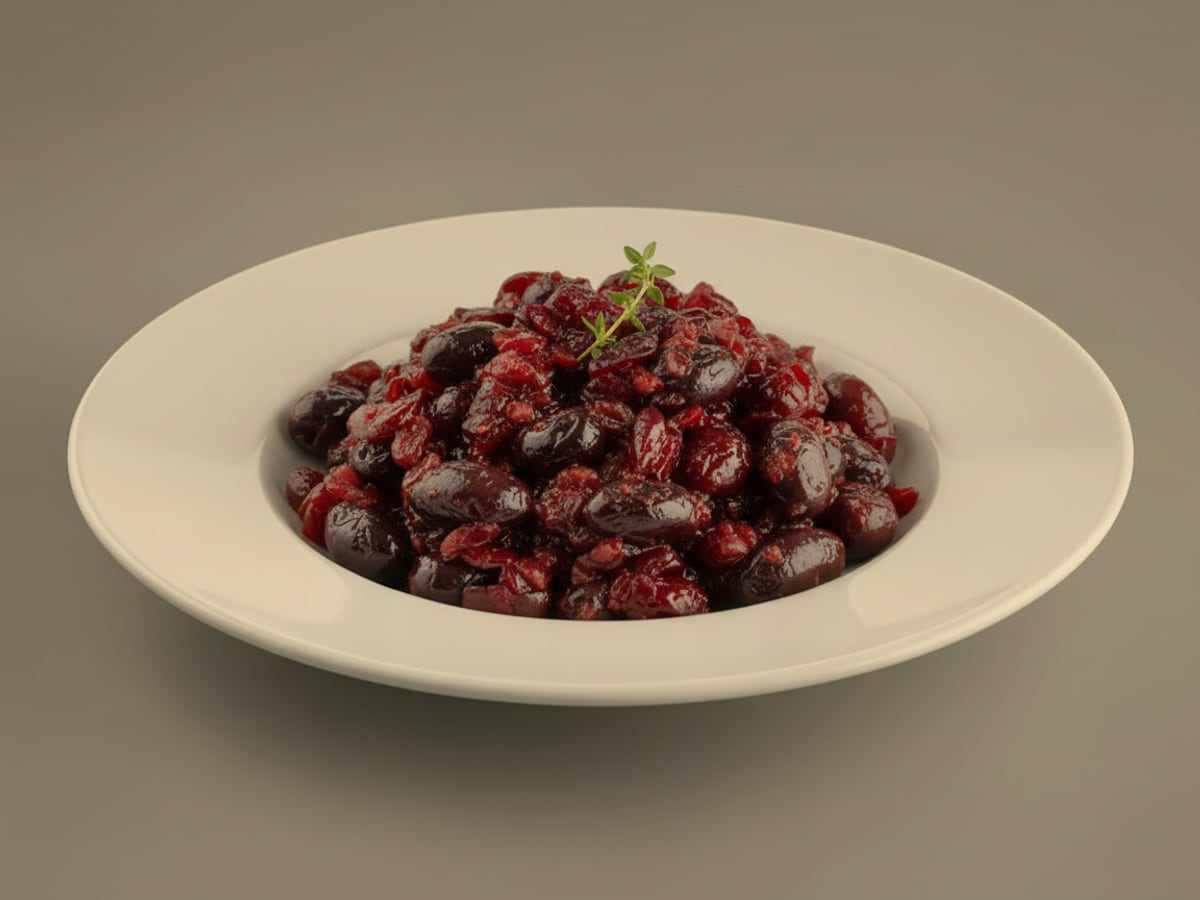 A bowl of dark olive tapenade with red cranberries, topped with a sprig of thyme
