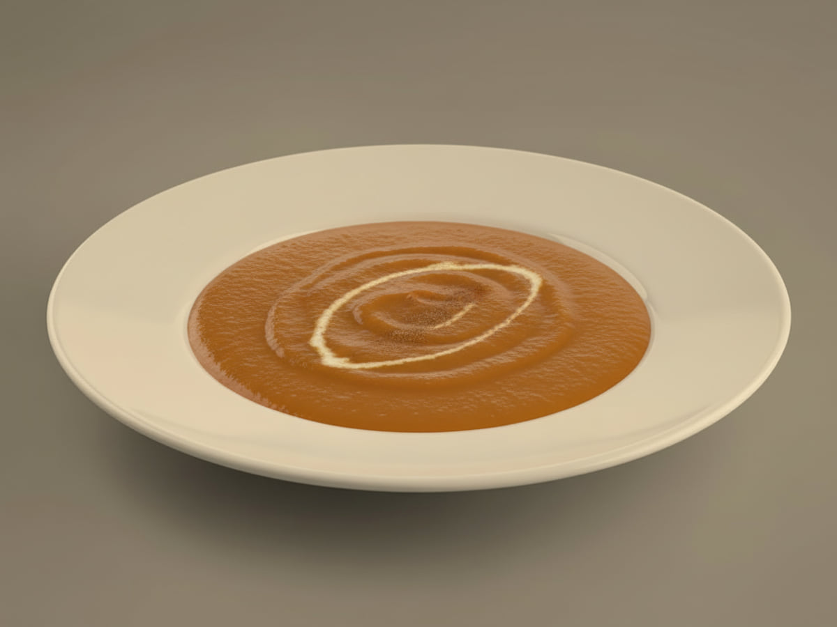 A bowl of smooth orange sweet potato and maple soup with a swirl of cream