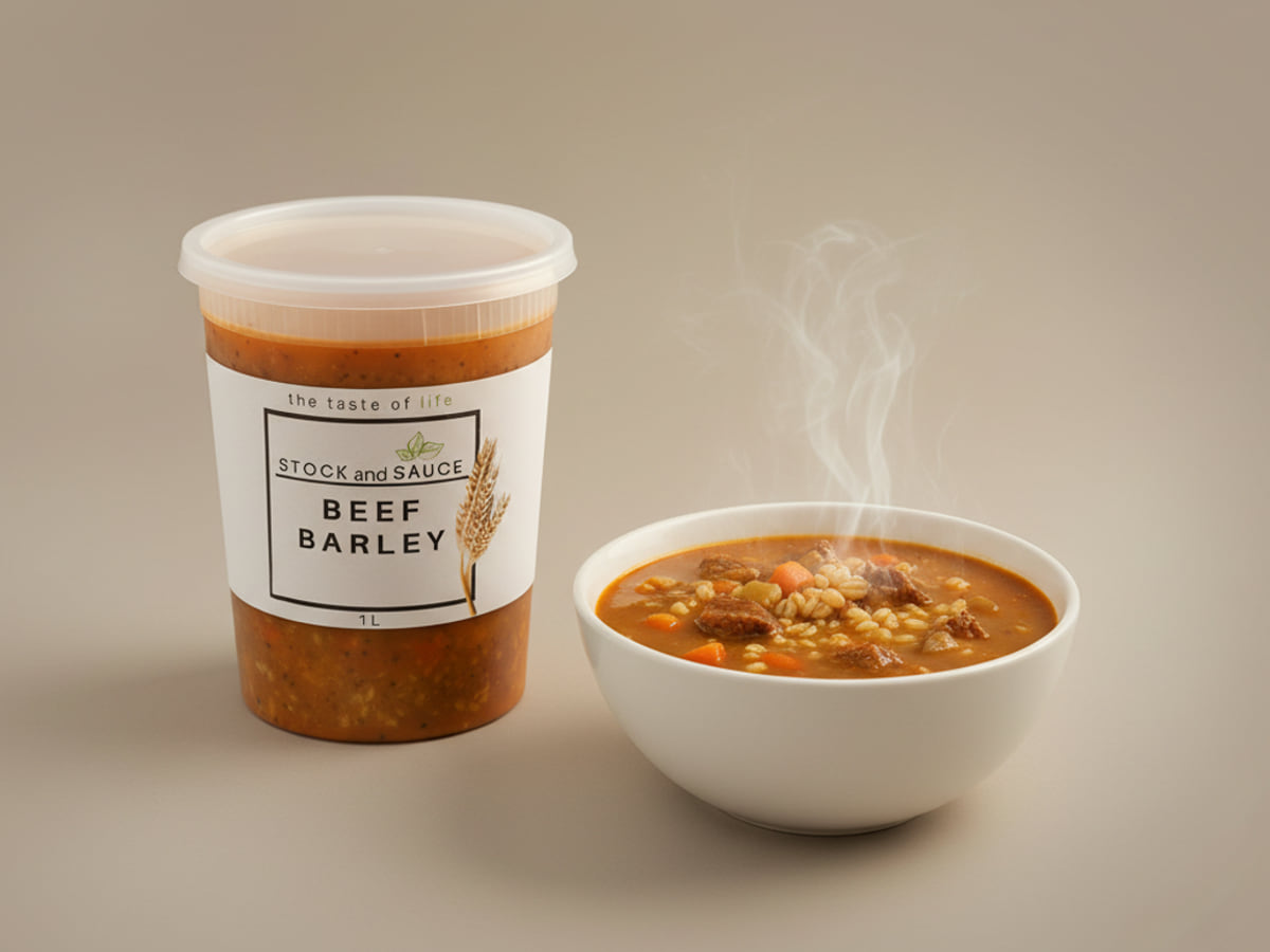 Stock & Sauce Beef Barley soup — the 1 L tub beside a bowl of it, served