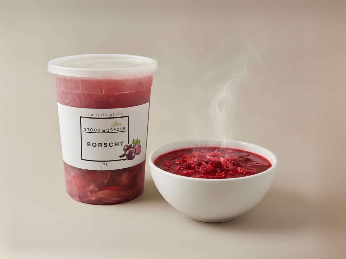 Stock & Sauce Borscht — the 1 L tub beside a bowl of it, served