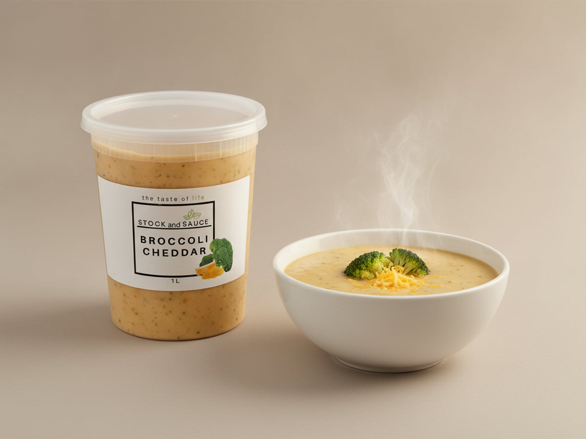 Stock & Sauce Broccoli & Cheddar soup — the 1 L tub beside a bowl of it, served