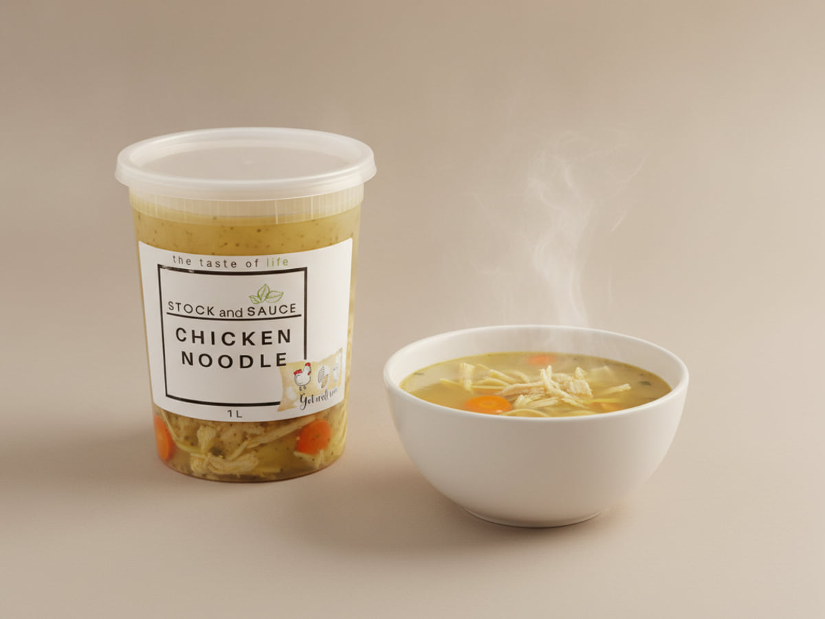 A tub of Stock & Sauce chicken noodle soup beside a bowl of it served